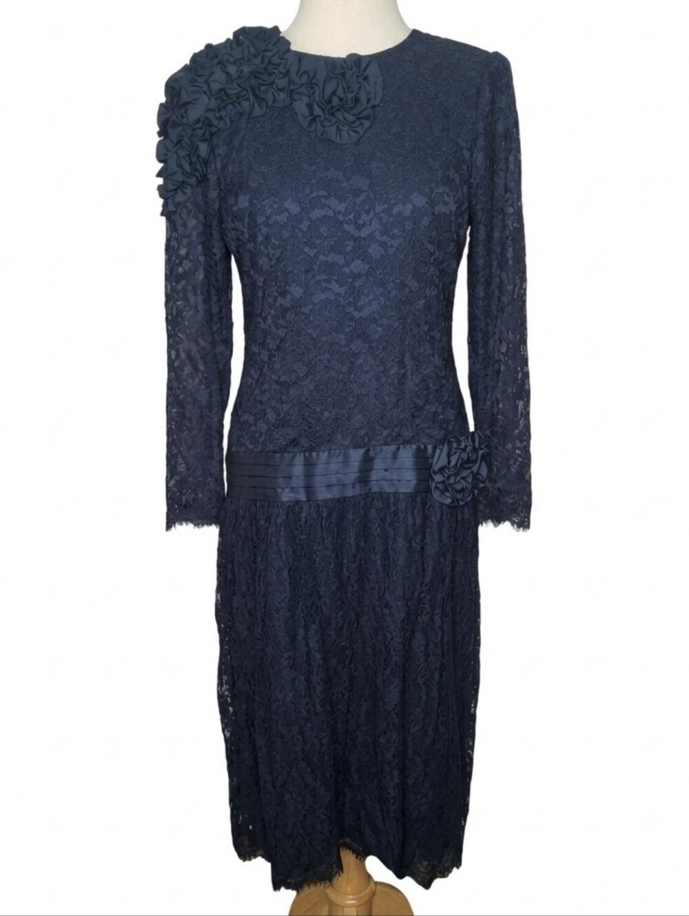Vintage Jessica McClintock Navy Blue Lace Drop Waist Dress Size 12